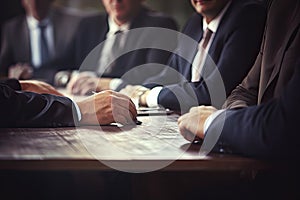 Group of business people sitting at table and discussing business plan in office, Business meeting close-up on a table, top