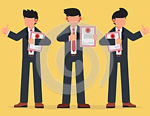 Group of business people standing holding certificates or diplomas and giving thumbs up. business success concept