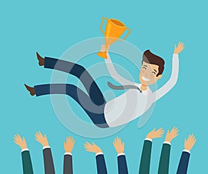 Group of business people or team tossing in the air winner. Vector illustration