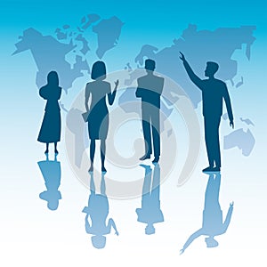 Group of business people teamwork silhouettes and earth planet maps