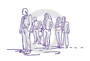 Group Of Business People Walking, Doodle Businesspeople Team Of Office Workers On White Background