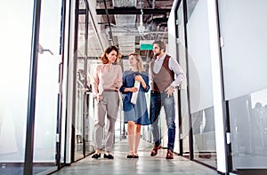 Group of business people walking in an office building, talking.