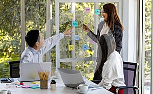 Group of business professionals sitting and standing around working table looking and pointing at a signboard. Successful and