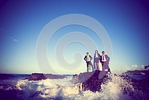 Group of Business Superheroes Facing Storm