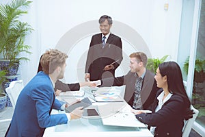 Group of business team people shaking hand with success, agreement of discussion with handshake after meeting in