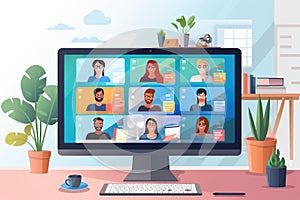 Group business team video conference meeting online concept. flat illustration cartoon character design concept