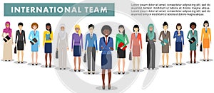 Group of business women standing together on white background in flat style. Business team and teamwork concept