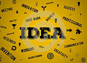 Group of business words concept in yellow background, IDEA term with many terms typography. illustration of innovation and idea