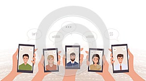 Group of business workers video calling by smartphone in hand during corona virus pandemic quarantine in flat icon design