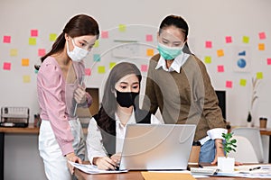 Group of business young woman wearing face mask meeting and working together for discussion and brainstroming to get ideas