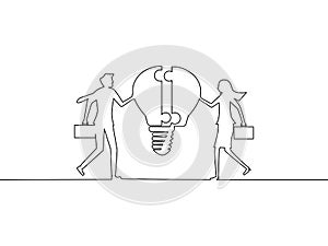 A group of businessmen associate the idea of a light bulb puzzle.