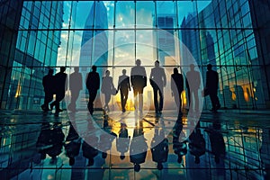 Group of businessmen silhouettes in skyscraper. Leadership in business metaphor. ai generated