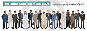 Group of businessmen standing together on white background in flat style. Business team and teamwork concept. Different nationalit