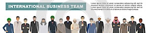 Group of businessmen standing together on white background in flat style. Business team and teamwork concept. Different nationalit
