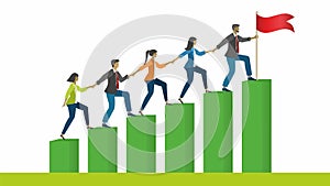 A group of businesspeople climbing to goal. Holding each other hands. Dimension 16:9. Vector illustration.