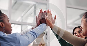 Group, businesspeople and hands with high five, circle and team building for collaboration. Coworkers, office and