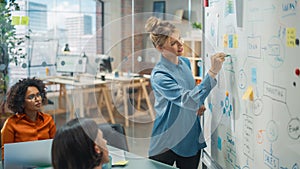 Group Businesspeople have Meeting in Office Conference Room. Female Crisis Manager Using Charts on