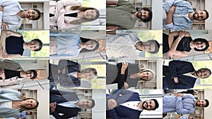 Group of businesspeople pose at workplace, collage view