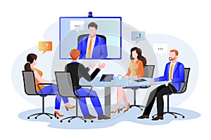 Group of businesspeople at the video conference call. Vector flat cartoon illustration. Online meeting with director