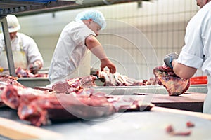 group of butchers works in a slaughterhouse and cuts freshly slaughtered meat (beef and pork) for sale and further processing as photo