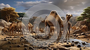 Group of camels at a feeding trough in a rural area of the United Arab Emirates. Generative AI