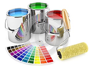 Group of can paints, roller brush and palette of colors