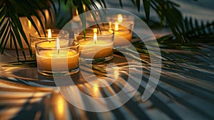 A group of candles are lit and placed on a table