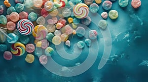 a group of candy lollipops on a blue surface with a blue background and a few more lollipops in the middle of the picture