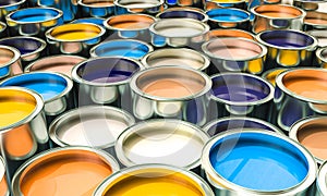 group of cans filled with coloured paint. 3d render