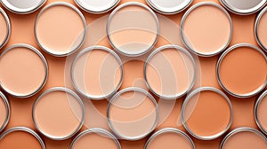 A group of cans of paint sitting next to each other, peach fuzz, trendy color of the year 2024.