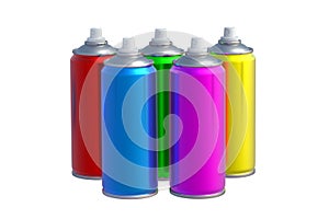 Group of cans of spray paint isolated on white background