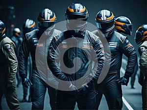 A group of car racers in helmets on the racetrack.