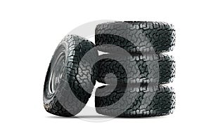 Group of car tires designed for use in all road conditions isolated on white background