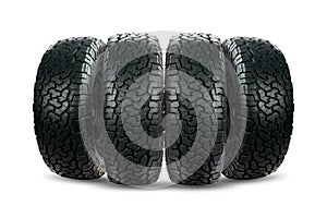 Group of car tires designed for use in all road conditions isolated on white background