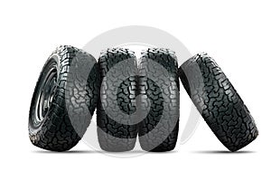 Group of car tires designed for use in all road conditions isolated on white background