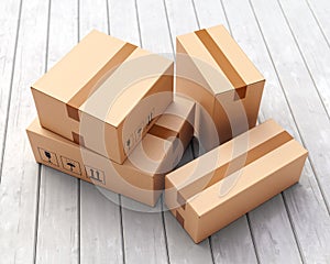 Group of cardboard boxes on black wooden porch floor