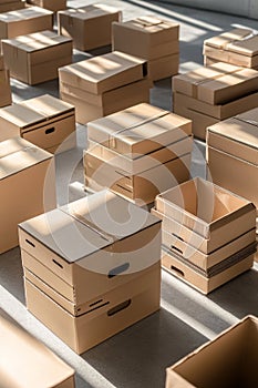 A group of cardboard boxes open in the sunlight, ready for packing