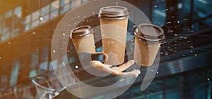 Group of cardbox coffee cup with connection 3d rendering