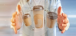 Group of cardbox coffee cup with connection 3d rendering