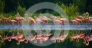 Group of the Caribbean flamingo standing in water with reflection. Cuba.