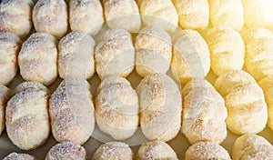 Group of carnival tortelli stuffed with custard