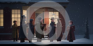 A group of carolers standing outside a house singing Chri generative AI