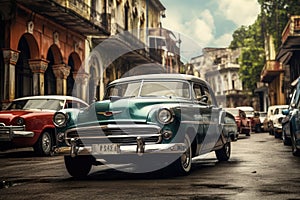 A group of cars parked neatly along the side of a road in a suburban neighborhood., Old vintage cars on a historic city street, AI