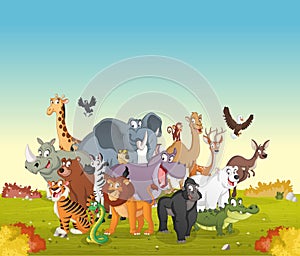 Group of cartoon animals on green park. Vector illustration of funny happy animals.