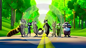 Group of cartoon animals standing in the middle of road with trees in the background. Generative AI