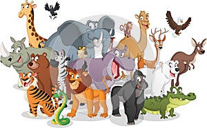 Group of cartoon animals. Vector illustration of funny happy animals.