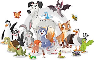 Group of cartoon animals. Vector illustration of funny happy animals.