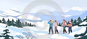 Group of cartoon backpacker winter hiking at mountain landscape panorama. Two active couple walking at snowy season photo