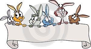 A group of cartoon bunnies holding a blank banner vector