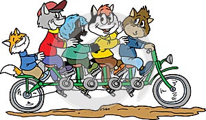 Group of cartoon cats riding a tandem bicycle vector illustration